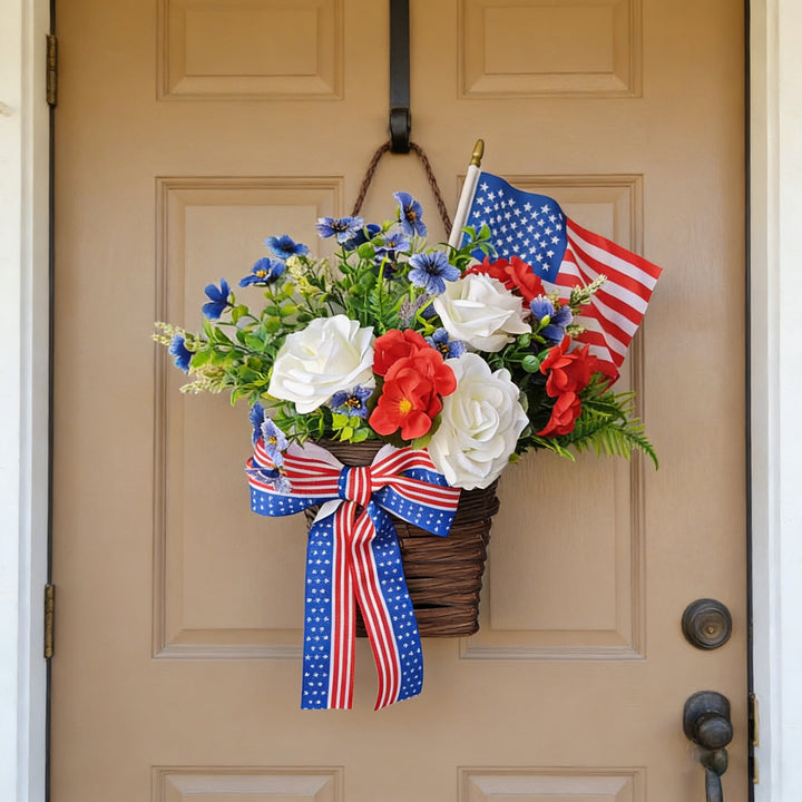 Unisex nan American patriotic door hanging floral basket with ribbon accents Kalsten