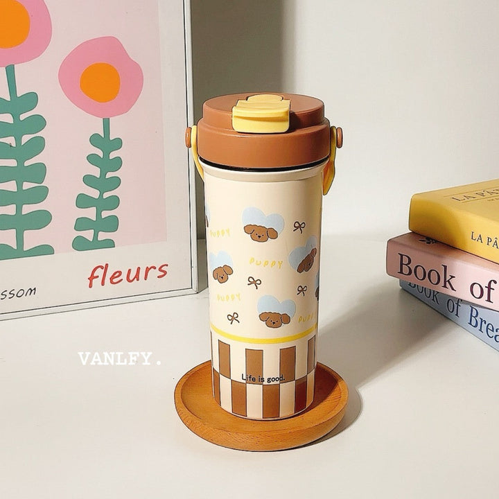 Women's insulated drinking cup with secure flip lid and cute dog design Kalsten