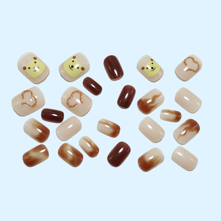 Artificial nails with cute bear design and marbled pattern Kalsten
