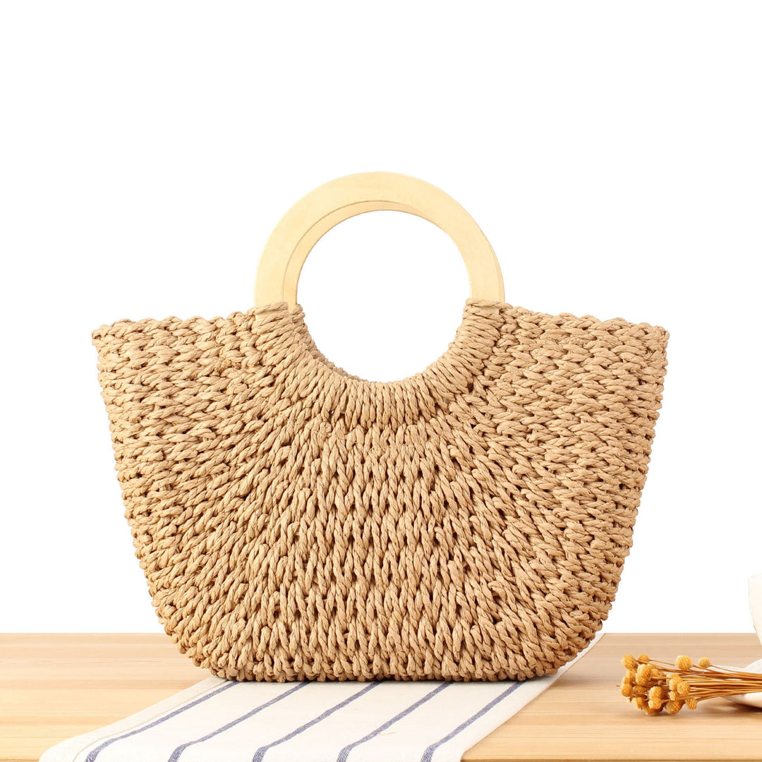 Braided raffia bag with round wooden handles Kalsten