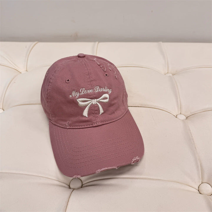 Women's Distressed Cotton Baseball Cap with Bow Embroidery Kalsten