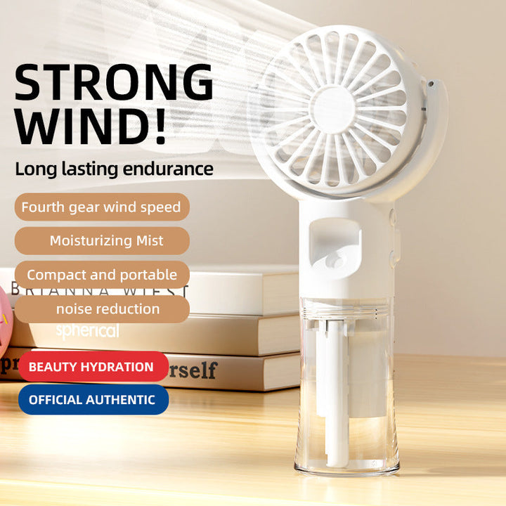 Cooling handheld misting fan with quiet brushless motor and detachable transparent water reservoir Kalsten