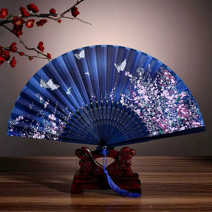 Women's one size elegant silk folding fan with floral butterfly motif and tassel Kalsten