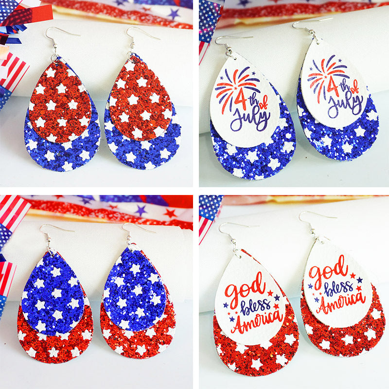 Women's patriotic drop earrings made of faux leather with glitter stars and the inscription Kalsten