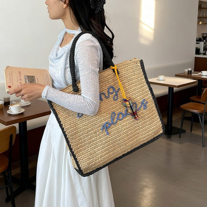 Spacious straw shopping bag with lettering Kalsten
