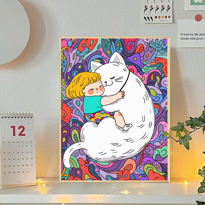 Playful Cat and Girl Illustration Canvas Art Kalsten
