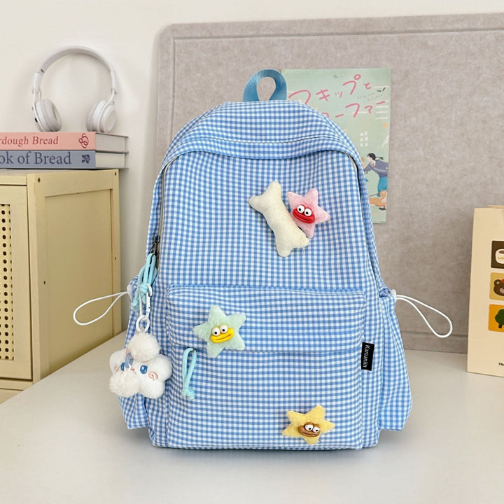 Gingham Print Character-Embellished School Backpack