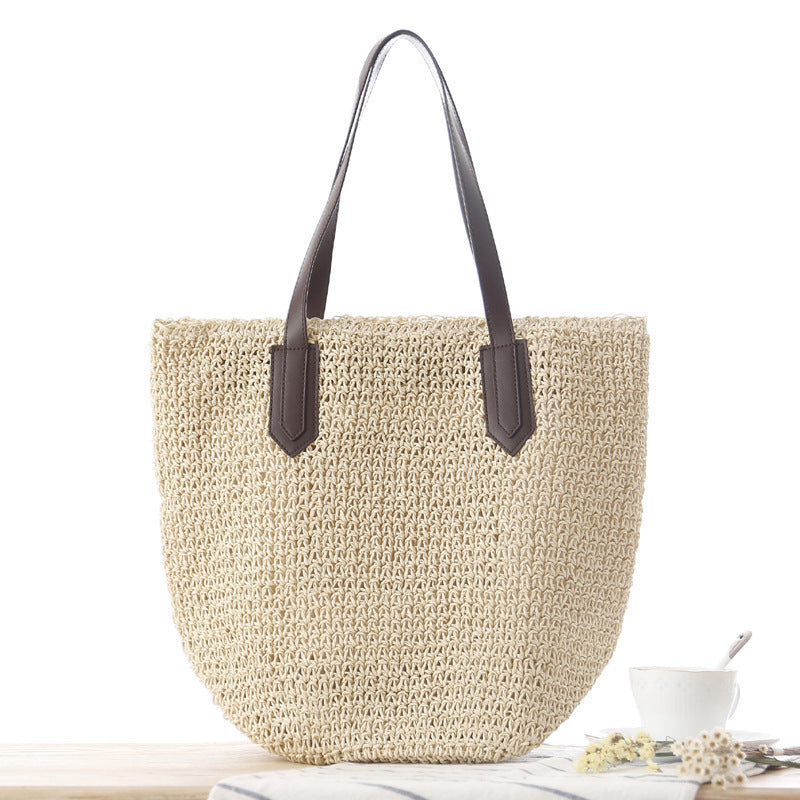 Handbag Made of Woven Natural Material with Sturdy Leather Handles Kalsten