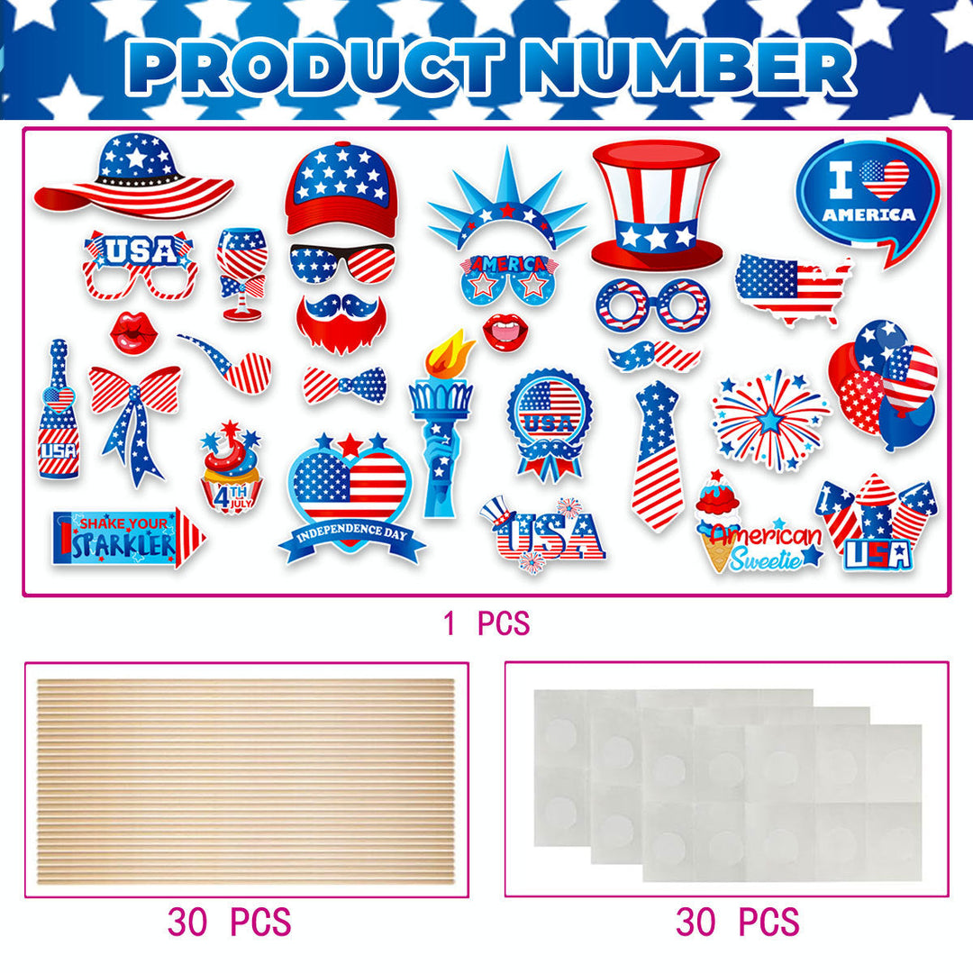 Independence Day Patriotic Photobooth Prop Sticker Kit with Wooden Sticks and Removable Adhesive Dots Kalsten