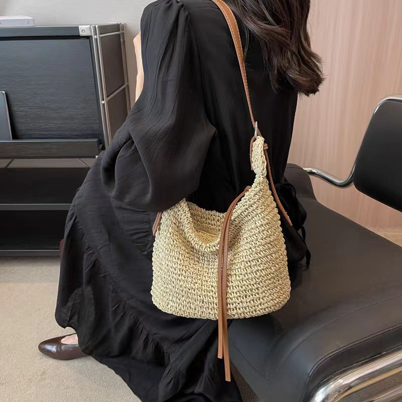 Cultivated raffia shoulder bag with leather accents Kalsten