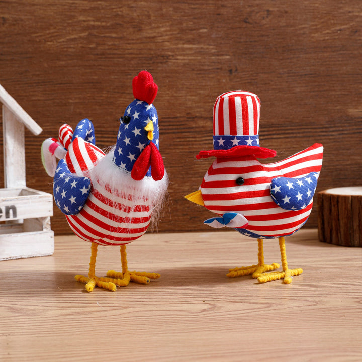 Unisex nan decorative plush rooster in Americana design with star pattern and standing wire legs Kalsten