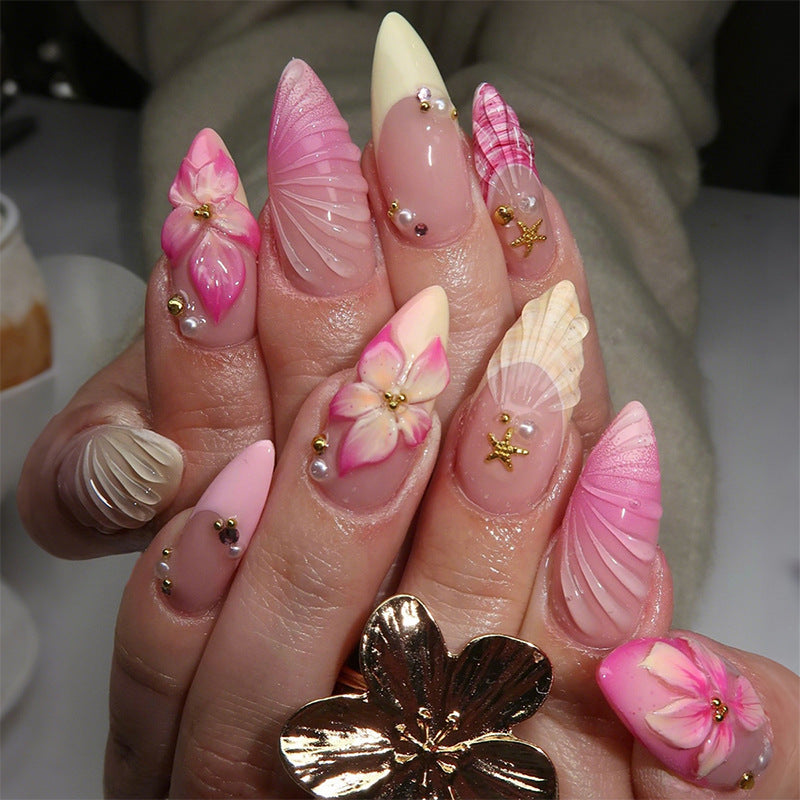 Floral Design Press-On Nail Set with Decorative Accents Acalora