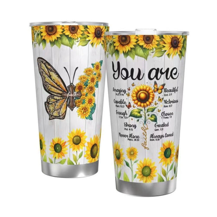 Double-Wall Vacuum Insulated Stainless Steel Travel Tumbler With Spill-Resistant Lid And Printed Cow Sunflower Design