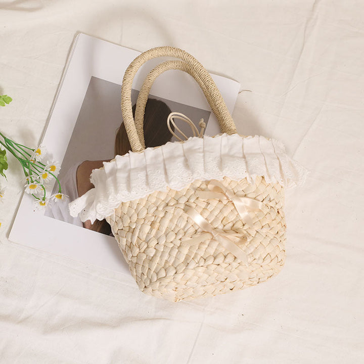 Handcrafted basket bag with delicate ruffles and ribbons Kalsten