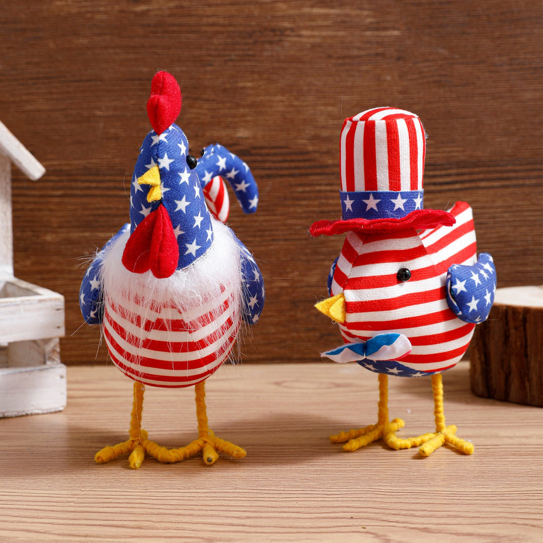 Unisex nan decorative plush rooster in Americana design with star pattern and standing wire legs Kalsten
