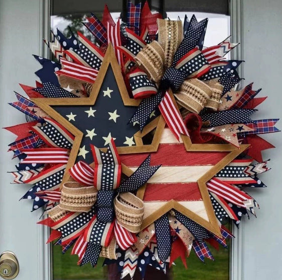 Unisex rustic patriotic door wreath with wooden sign heart motif and bow bouquet Kalsten