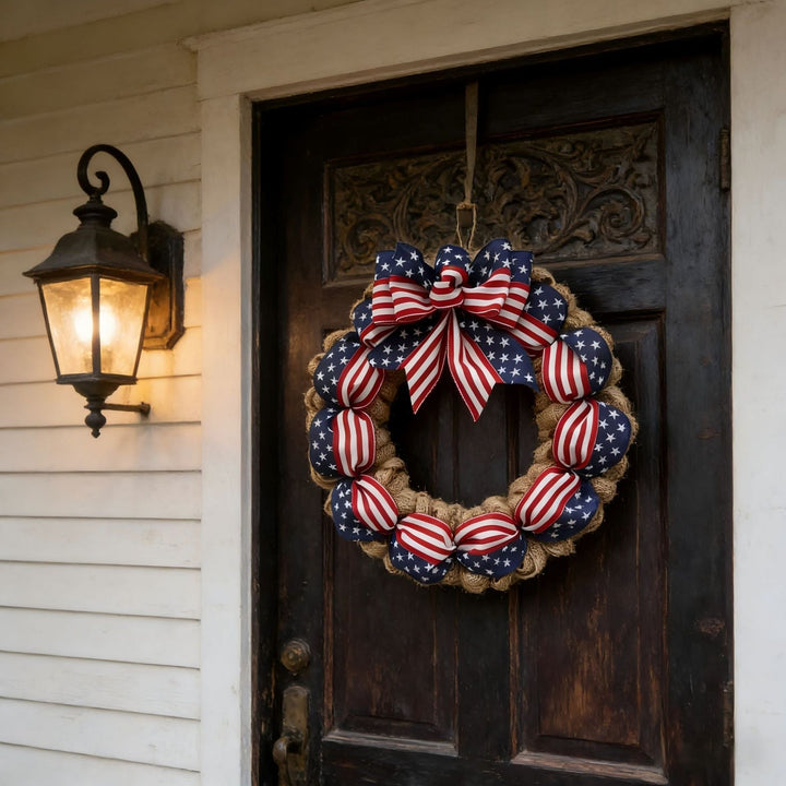 Unisex nan rustic jute door wreath with patriotic star and stripe ribbon and voluminous bow Kalsten