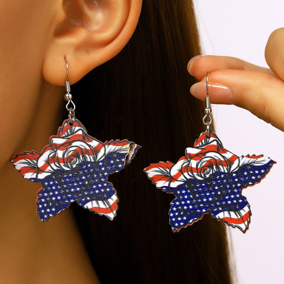 Women's nan patriotic novelty dangle hook earrings with laser-printed wooden fireworks charm Kalsten