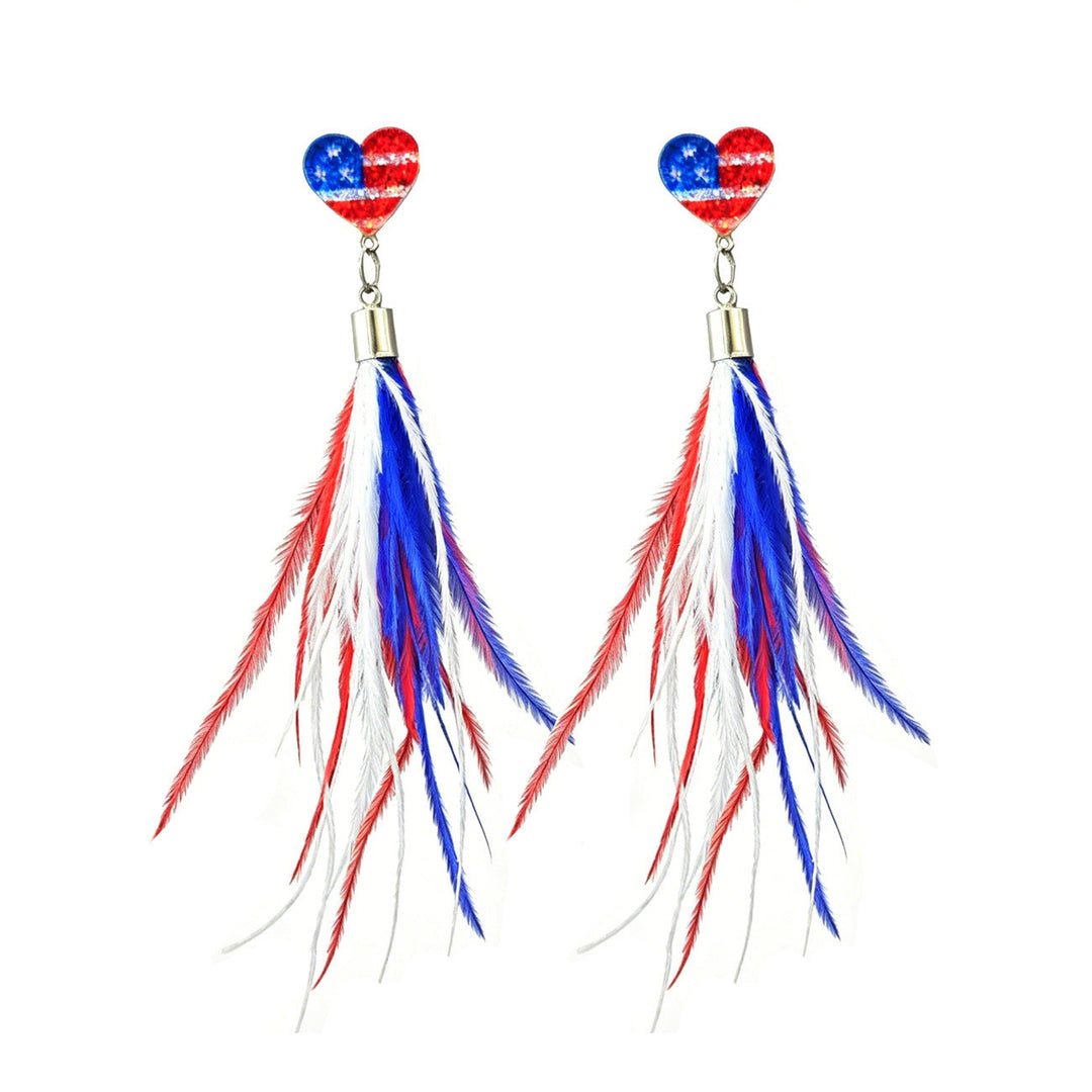 Ladies long feather earrings with tassels, round cabochon stud and nickel-free setting Kalsten
