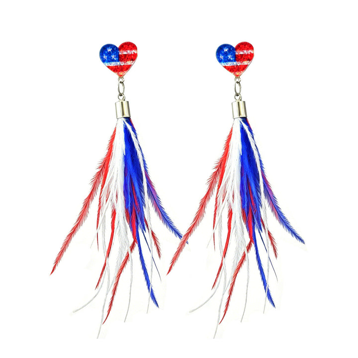 Ladies long feather earrings with tassels, round cabochon stud and nickel-free setting Kalsten