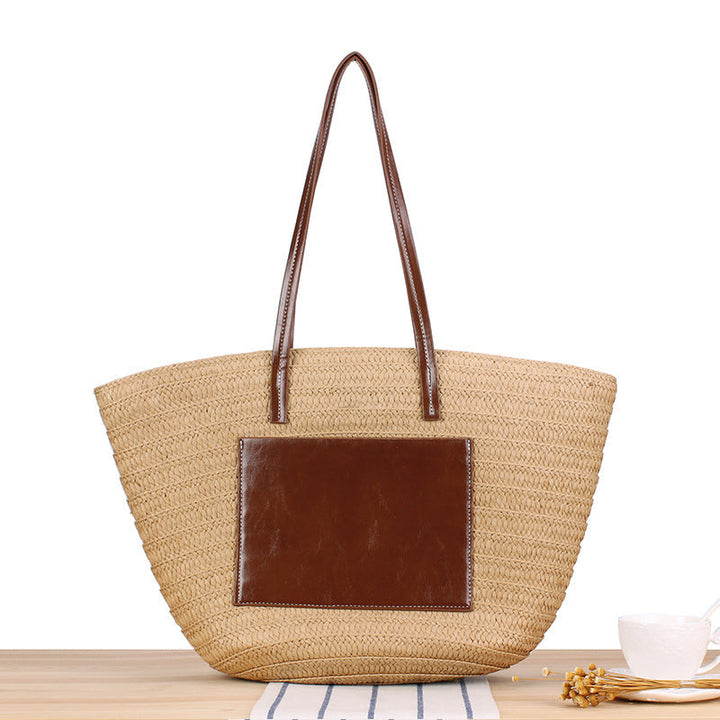 Trendy Beach Bag Made of Woven Straw and Leather Accents Kalsten