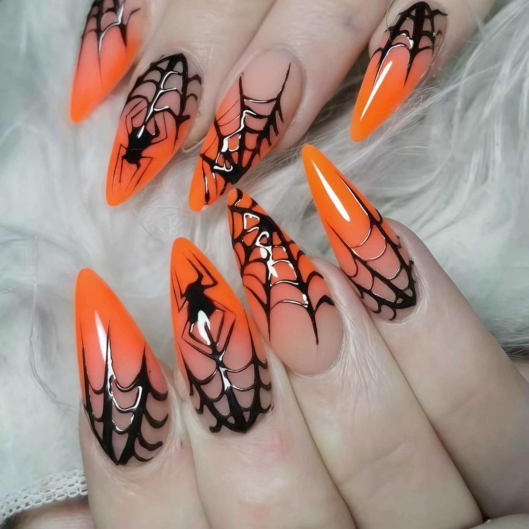 Halloween Themed Stiletto Press-On Nails with Spider Web Design Kalsten