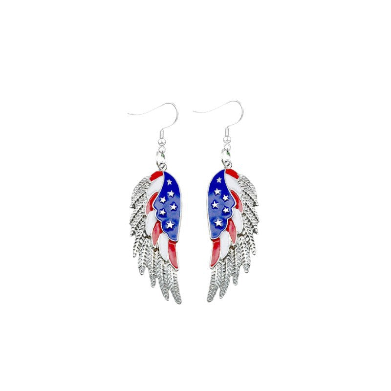 Women's nan patriotic enamel angel wing dangle earrings with stars and stripes motif and layered feather detail Kalsten