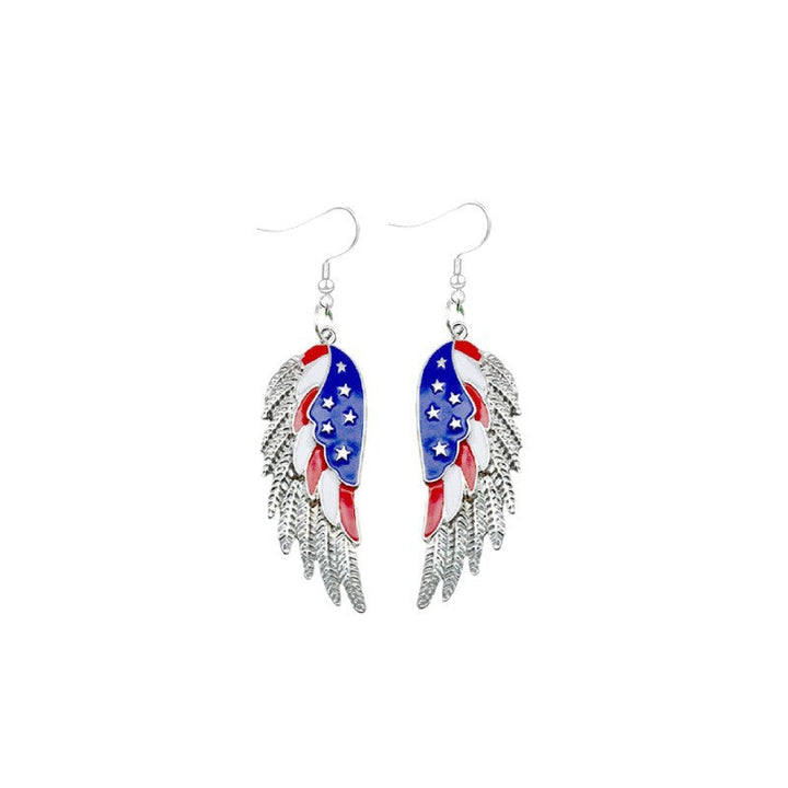 Women's nan patriotic enamel angel wing dangle earrings with stars and stripes motif and layered feather detail Kalsten