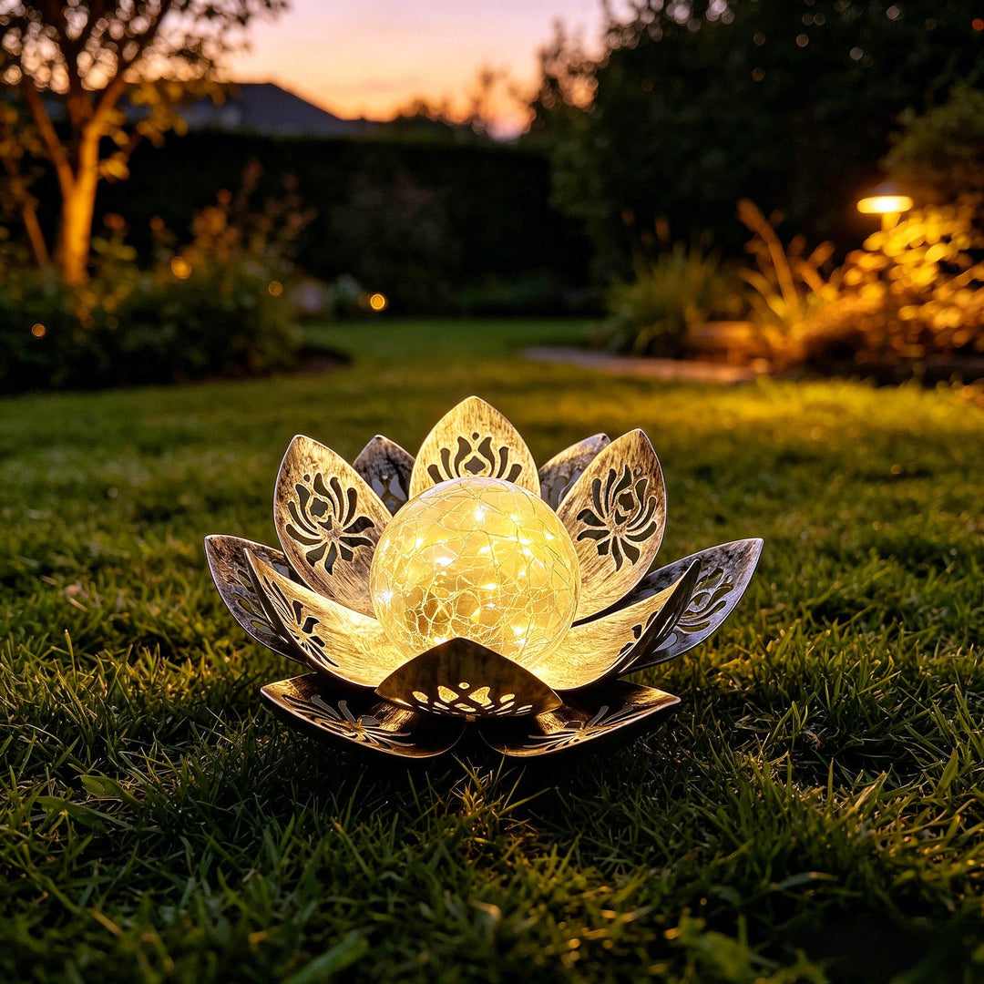 Decorative Lotus Solar Garden Light With Cracked Glass Orb Kalsten