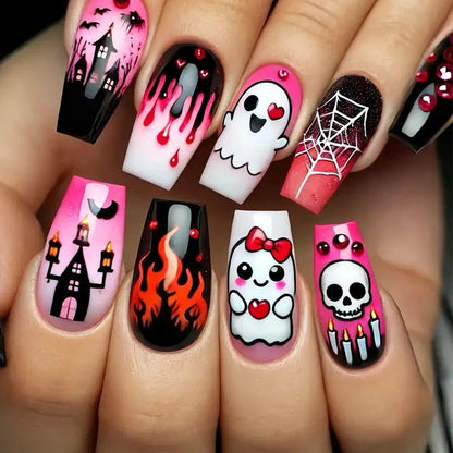 Acrylic nail set with creepy Halloween design and playful motifs Acalora