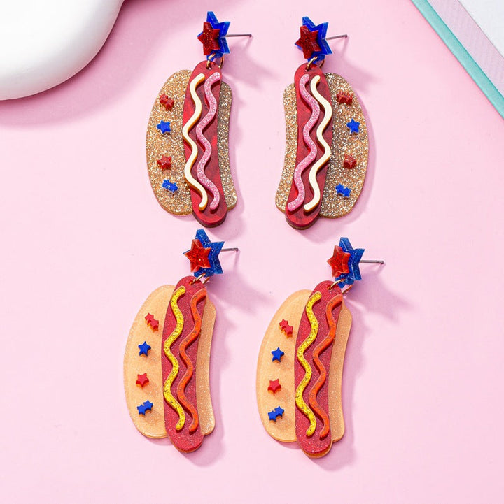 Women's original statement earrings in hotdog design with star stud and layered acrylic mix Kalsten