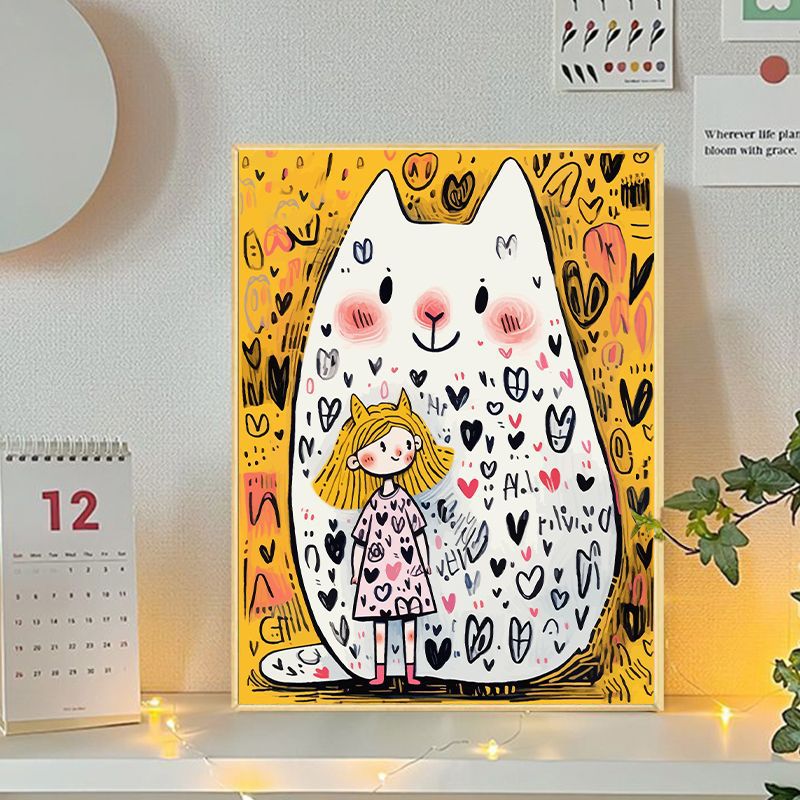 Playful Cat and Girl Illustration Canvas Art Kalsten