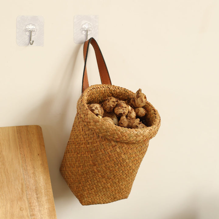 Handwoven Natural Storage Bin with Leather Trim Kalsten