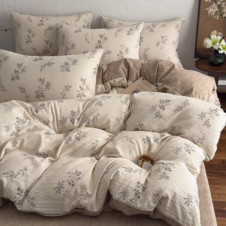 Floral Butterfly Duvet Cover Set With Brushed Cotton‑Blend Linen Texture And Corner Tie Pillowcase Ensemble