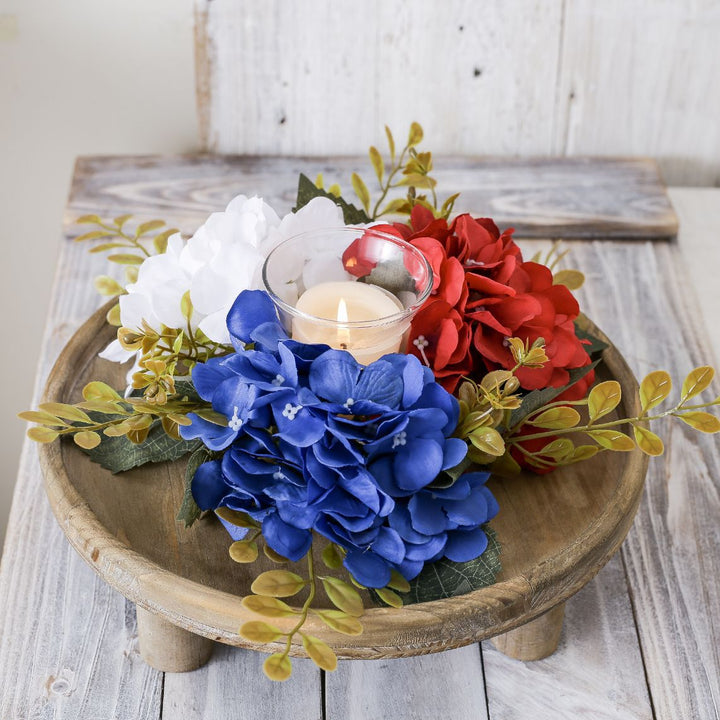 Unisex decorative candle plate with glass candle holder and artificial hydrangeas in country house style Kalsten