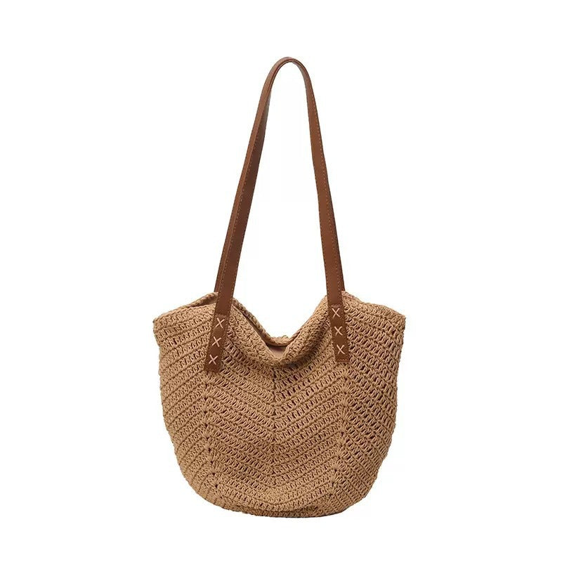 Handmade Beach Bag Made of Natural Material with Decorative Leather Accents Kalsten