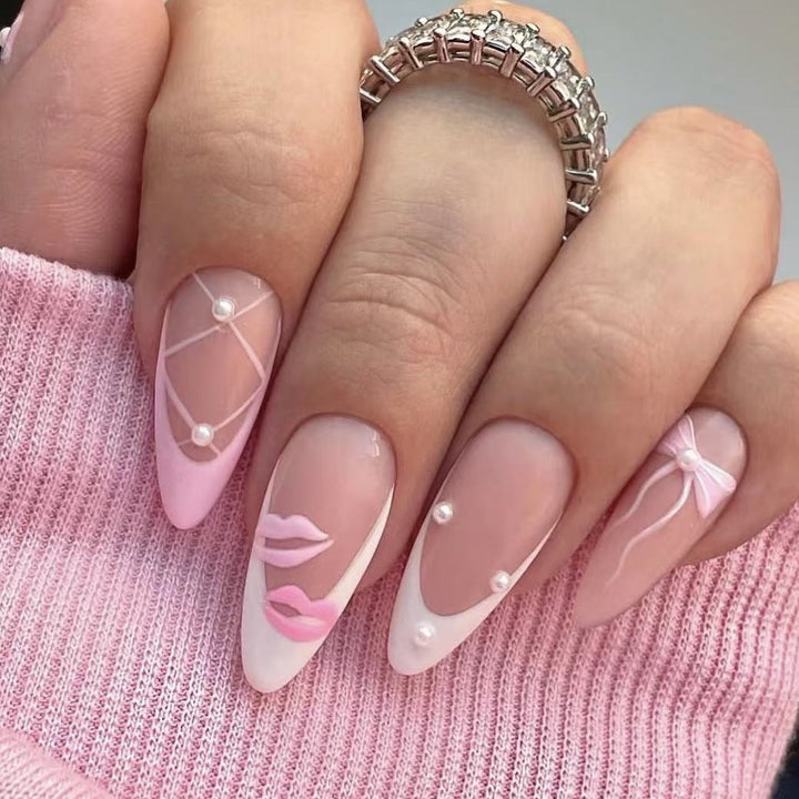 Artistic Press-On Nail Set with Kiss and Bow Design Kalsten