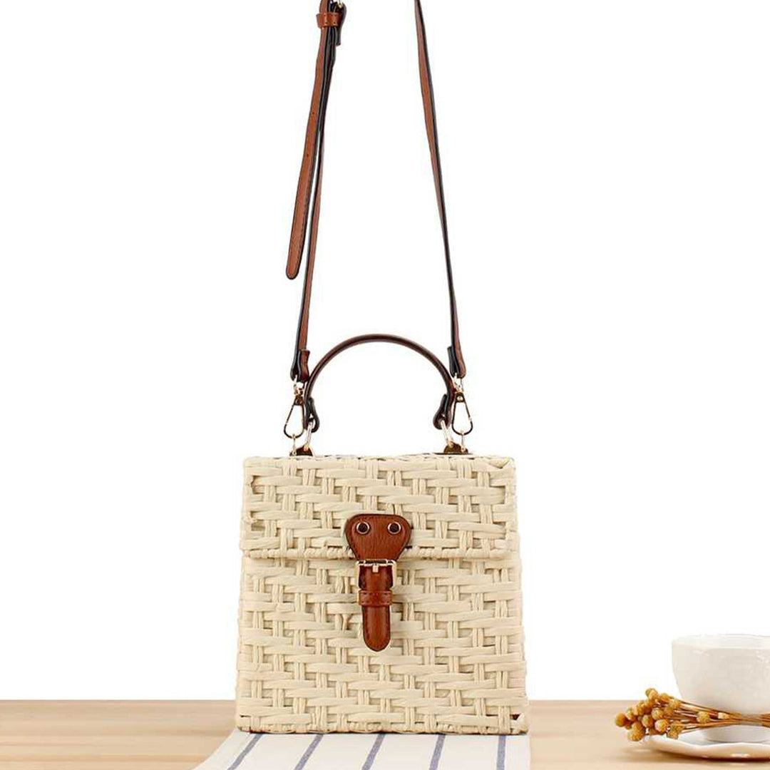 Handbag Made of Handwoven Natural Material with Stylish Leather Closure Kalsten