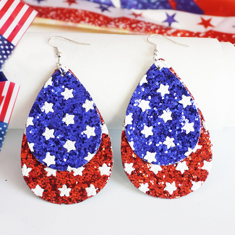 Women's patriotic drop earrings made of faux leather with glitter stars and the inscription Kalsten