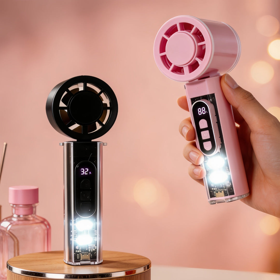 Women Portable Hand Fan with Temperature Display and LED Lighting Kalsten