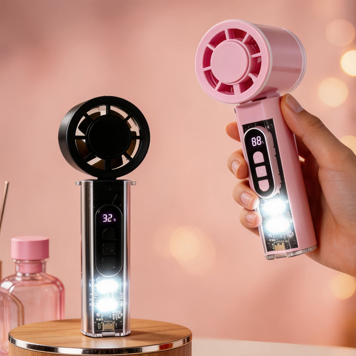 Women Portable Hand Fan with Temperature Display and LED Lighting Kalsten