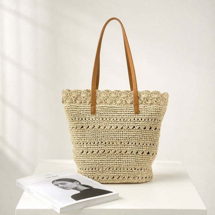 Beach bag with handcrafted crochet pattern and leather handles Kalsten