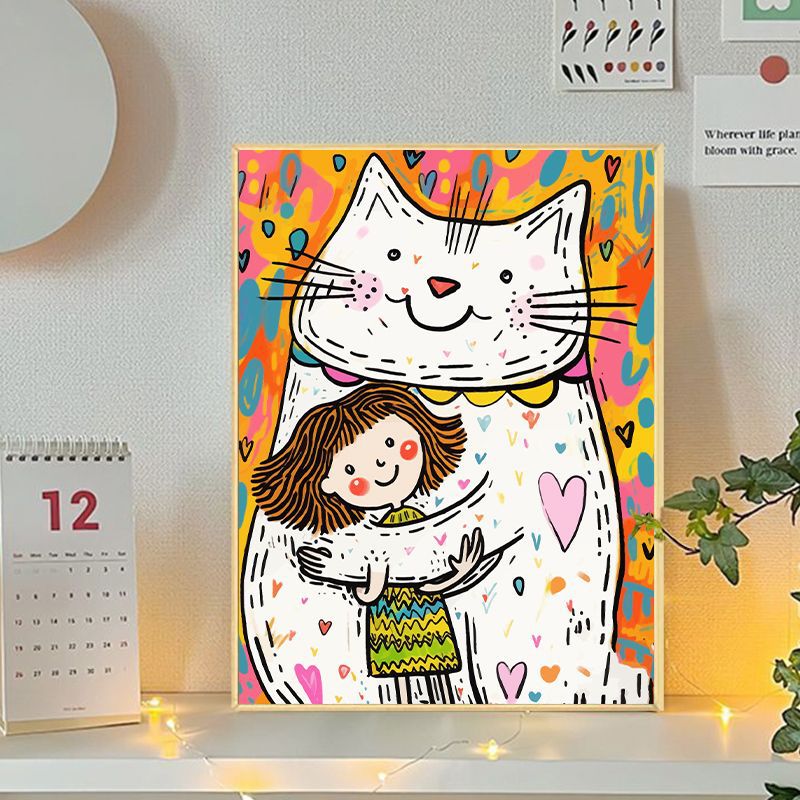 Playful Cat and Girl Illustration Canvas Art Kalsten