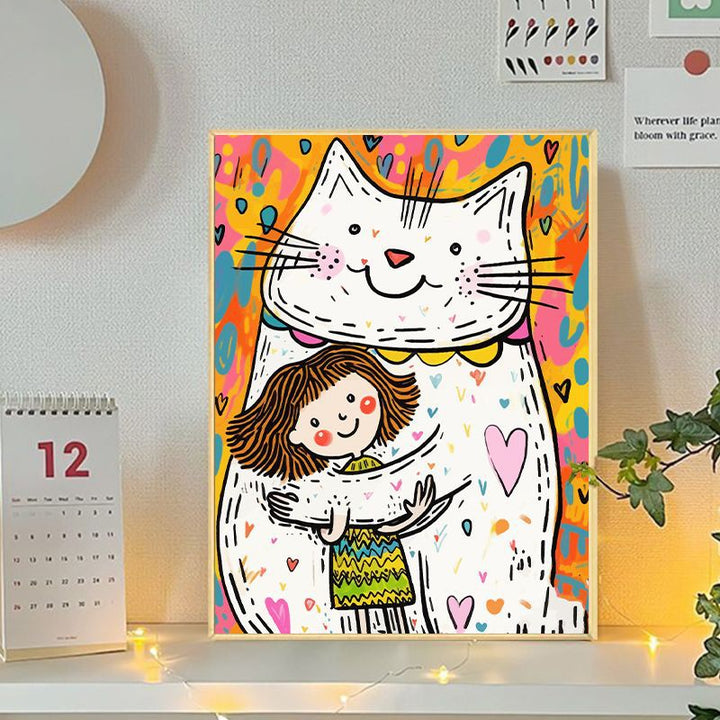 Playful Cat and Girl Illustration Canvas Art Kalsten