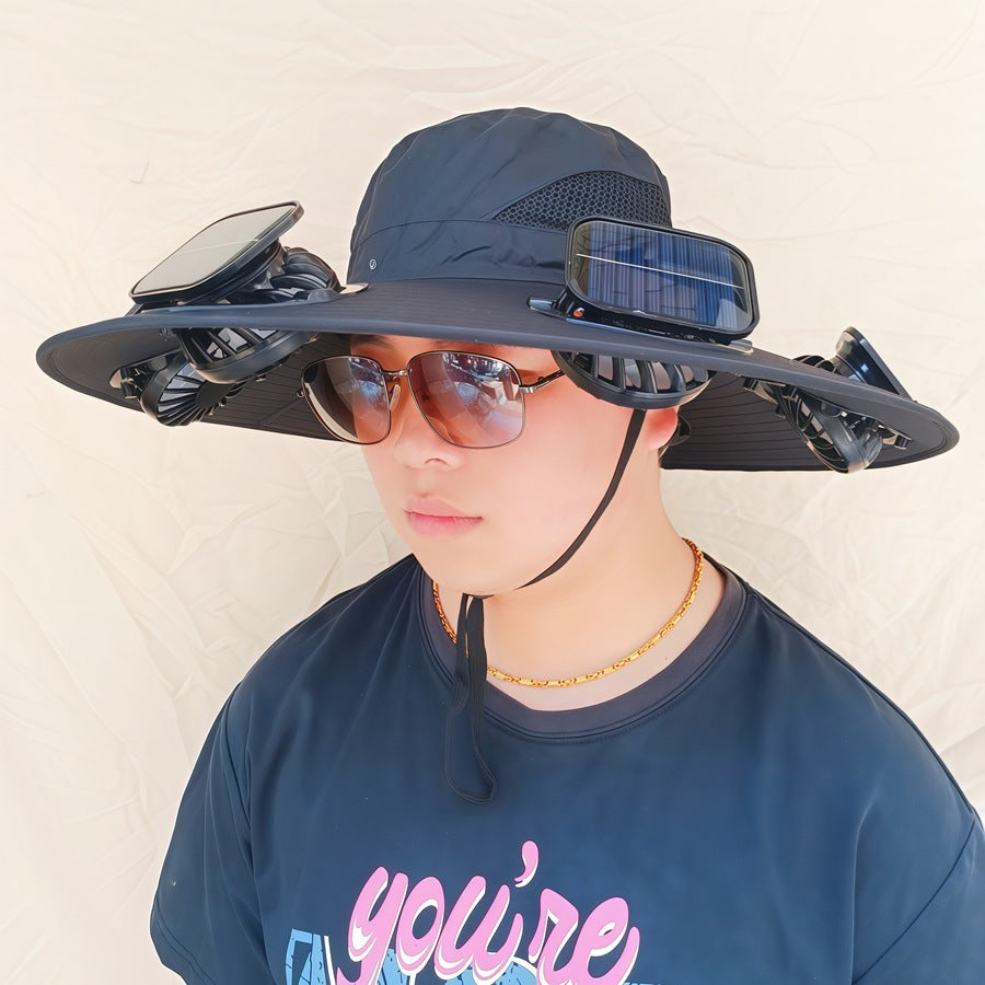 Wide-brimmed sun hat with detachable swivel solar fans and adjustable chin strap Kalsten