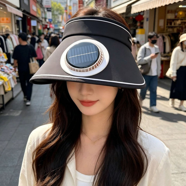 Lightweight foldable sunshade with integrated solar module and quiet fan Kalsten