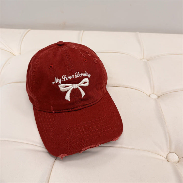 Women's Distressed Cotton Baseball Cap with Bow Embroidery Kalsten