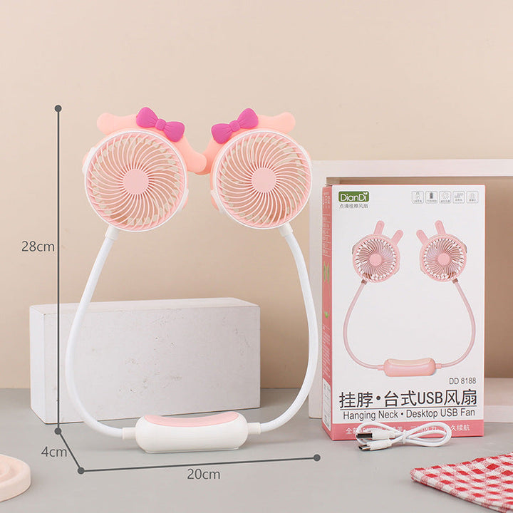Unisex portable double-neck fan with flexible gooseneck, rechargeable battery and quiet motor Kalsten