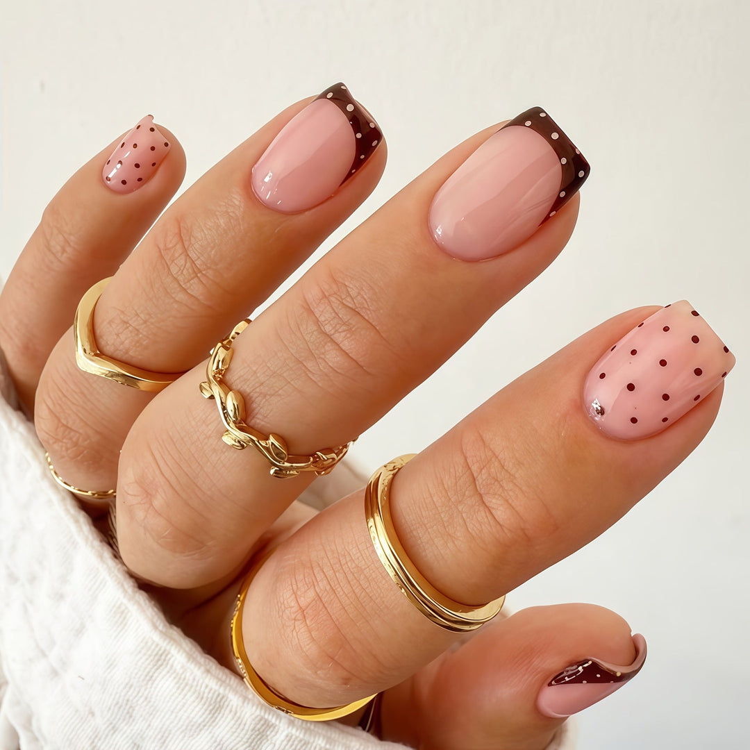 Stylish Press-On Nail Design with Polka Dot and French Tip Accents Kalsten