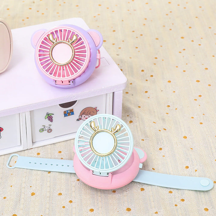 Ladies portable hand fan with integrated mirror and cute animal design Kalsten